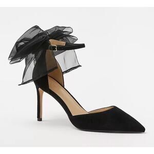 Ann Taylor Sz 9.5 Black Organza Bow Suede Pointed Toe Stiletto Heel Pumps